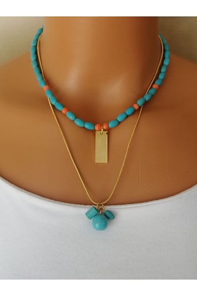 LemaStone Natural Stone Necklace: Turquoise - Firusa - Red Coral - Gold Chain