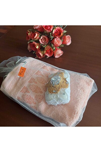 esdekor 2'li 30x50 cm Küçük Açık Somon Ekru Havlu Seti ve 1 Adet El Yapım Süs...