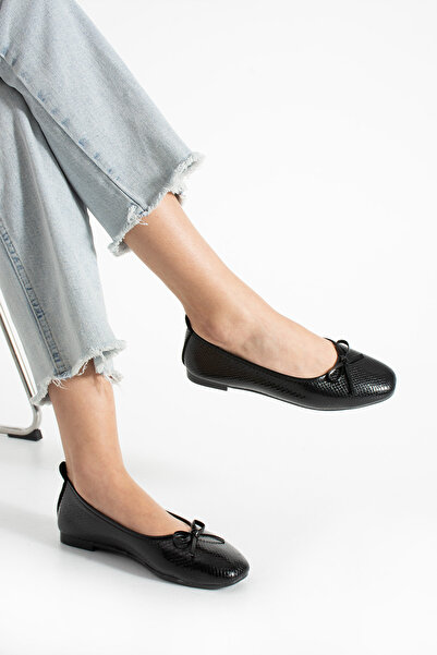 SOLDOY Pantofi de damă din piele neagră de crocodil cu toc plat cu panglică c...