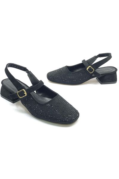 KOCAMANLAR Seribo Stone Detailed Short Heeled Open Back Women's Ballerina Shoes Black-Suede