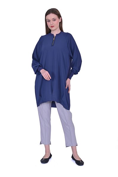 Invee Indigo Chiffon Tunic - Knitwear Collar, Zip Sleeves