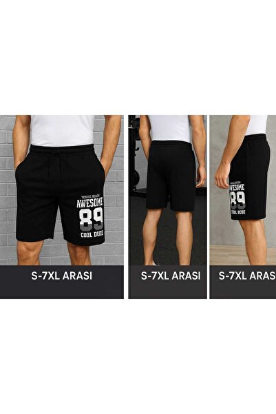 MODA İLEMA Erkek Siyah Spor Şort - Awesome 89 Baskılı - Oversize - S-7XL