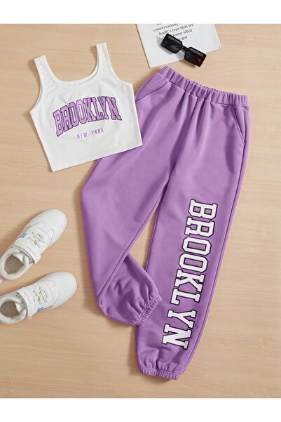 VESTIR BIEN Set pentru copii Brooklyn imprimat mov, 100% bumbac, cu bretele