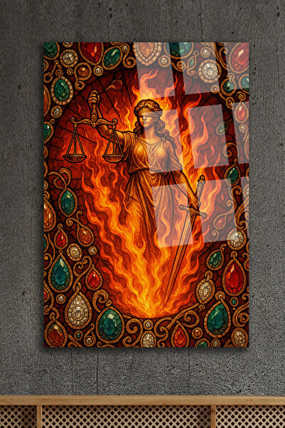 TAULART THEMİS HEYKELİ VİTRAY TEMALI MÜCEVHERLİ VE ATEŞ DETAYLI HUKUK BÜROSU TABLOSU