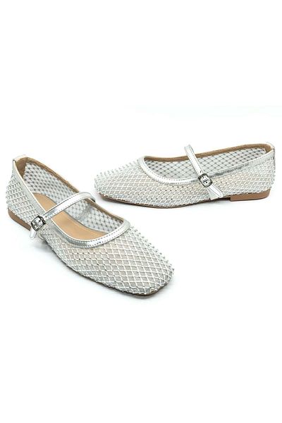 KOCAMANLAR Feles Lace Stone Detailed Women's Ballerina Shoes Silver