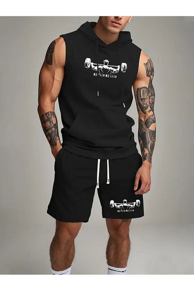 PENTHİLUS Men's Sleeveless Shirt and Shorts - Red Weight Lifting Hoodie, Black Pocket Shorts, Sportswear