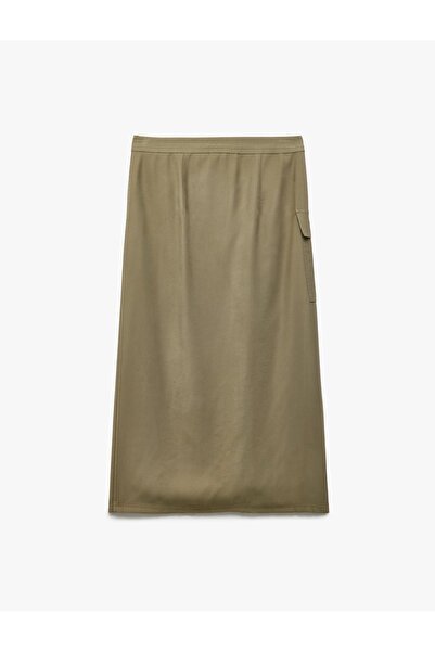 Koton Cupro Fabric Asymmetrical Cut Belted Cargo Pocket Long Double Breasted Skirt