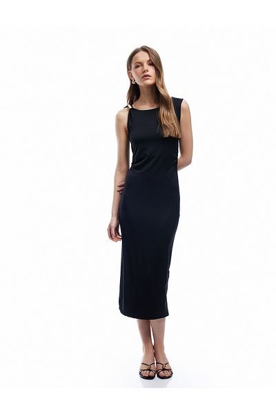 Koton Asymmetric Neckline Sleeveless Midi Pencil Dress with Metal Accessories