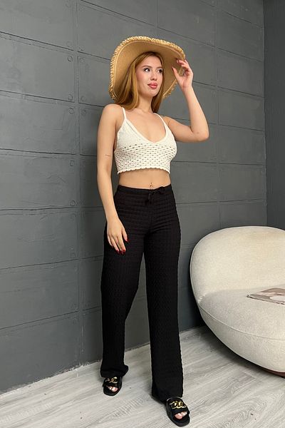 MOZENA Seersucker Waist Lace-Up Trousers