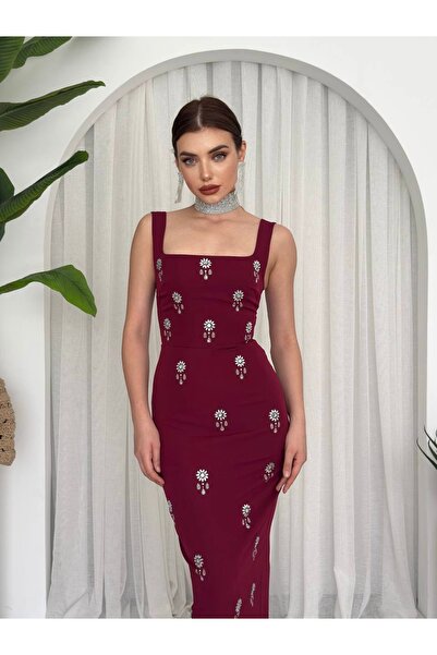 Afiş Butik Μακρύ φόρεμα μπορντό με χοντρό λουράκι