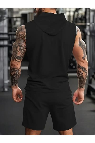 PENTHİLUS Men's Sleeveless Shirt and Shorts - Red Weight Lifting Hoodie, Black Pocket Shorts, Sportswear