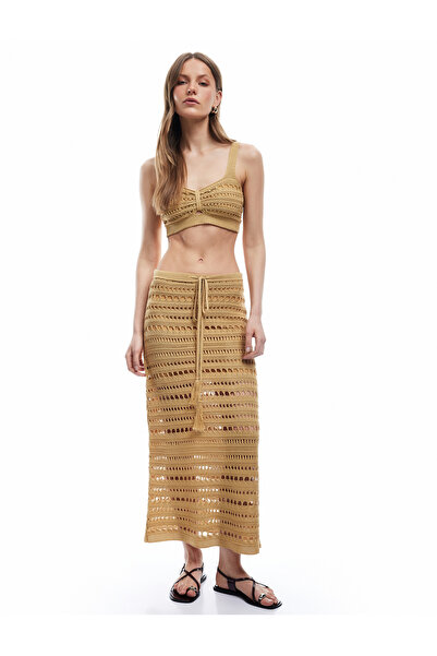 Koton Yarım Astarlı Beli Bağcıklı Uzun Kroşe Kalem Etek