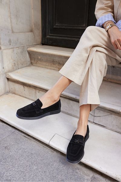 ANGELİNA JONES Lugo Women's Black Real Leather Suet Loafer Shoes