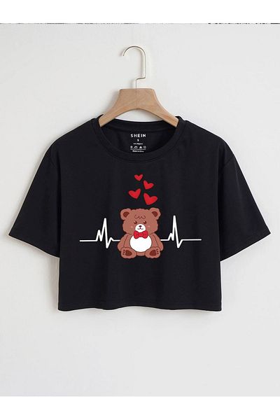VBSVİBES Bear Minimal Hearts Printed Women's Crop Black T-Shirt