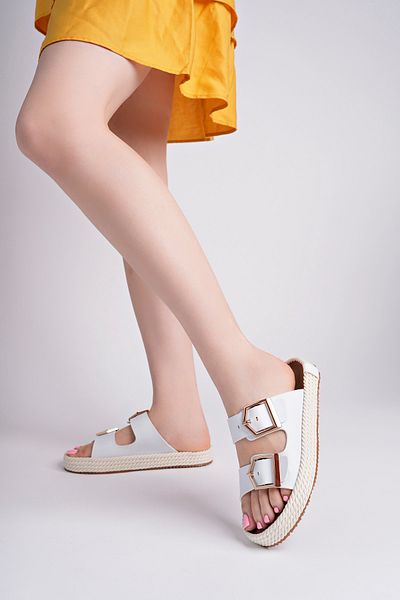meyra'nın ayakkabıları Women's White Orthopedic Sole Double Buckle Straw Slippers