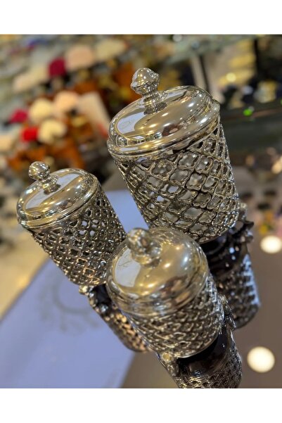 hediye Esterhomedecor 3-Piece Ceramic Glass Spice Jar Silver
