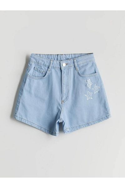 LC Waikiki LCW Kids Blue Elastic în talie Stoned Pantaloni scurți din blugi pentru fete