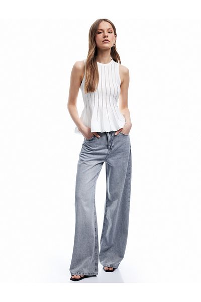 Koton Sleeveless Crew Neck Openwork Peplum Knitwear Blouse