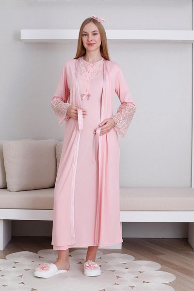 Lohussa Women's Salmon Design Lace Dressing Gown Maternity Maternity Dressing Gown Nightgown Set