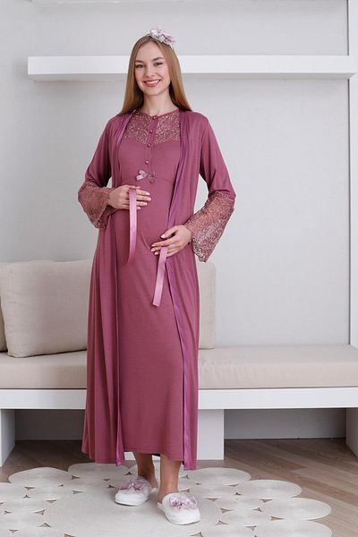 Lohussa Women's Cherry Design Lace Maternity Dressing Gown Nightgown Set