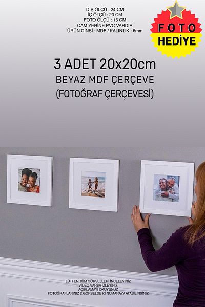 yeditepe hayat Square Frame 3 Pieces 20X20 Frame - on the Wall - on the Table Adhesive - Photo Gift