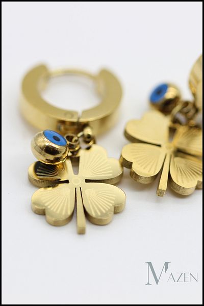 MAZEN Gold Steel Clover Earrings with Evil Eye Beads - Dangle, Allergy & Tarnish Free