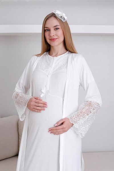 Lohussa Women's Ecru Design Lace Dressing Gown Maternity Pregnant Dressing Gown Nightgown Set