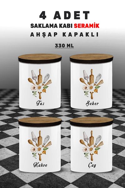 yeditepe hayat 4 Storage Containers - Salt Tea Sugar Coffee - Spice Bowl Set of 4 Model 4