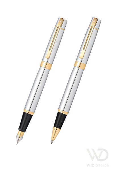 Sheaffer Wizdesign 300 Series Fountain Pen Roller Pen Bright Chrome Gold Set with Special Gift Box
