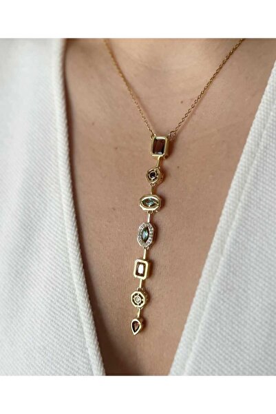 Ygz Accessories GOLD GEOMETRİK DETAYLI RENKLİ ZİRKON TAŞLI TASARIM ÇELİK KOLYE
