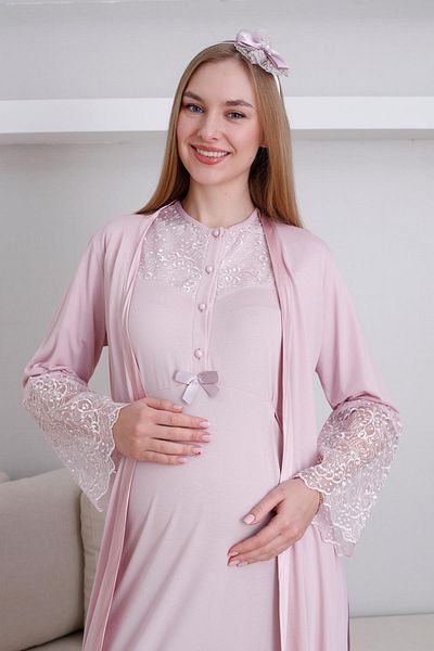 Lohussa Women's Powder Design Lace Maternity Maternity Dressing Gown Nightgown Set