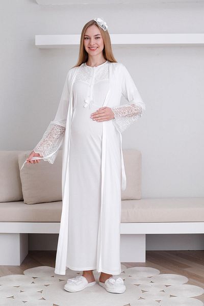 Lohussa Women's Ecru Design Lace Dressing Gown Maternity Pregnant Dressing Gown Nightgown Set