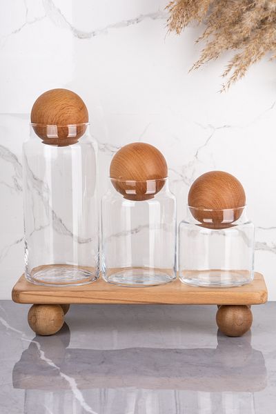 MODA OZY Set of 3 Wooden Ball Lid Glass Jars with Stand, Sugar Bowl, Snack Bowl, Spice Rack and Storage Container