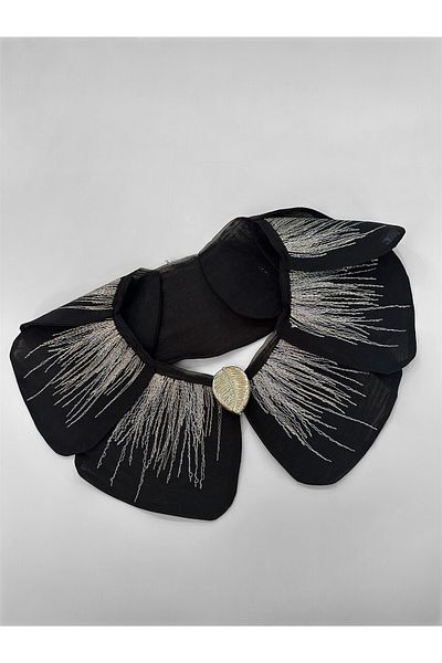 Morecottonmorenaturel Silver Embroidered Black Chiffon Accessory Collar