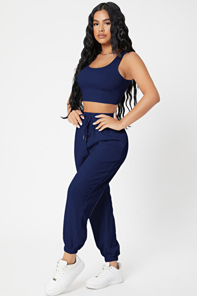 babatr.com Women's Navy Blue Camisole Pocketed Jogger Sweatpants and Crop Top Blouse
