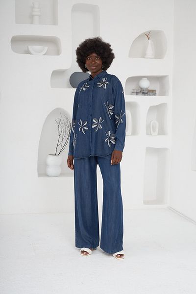 MİA NOURA Women's Tansel Denim Fabric Shirt Front Back Sleeve Embroidered Shirt Standard Pants Fitted Suit