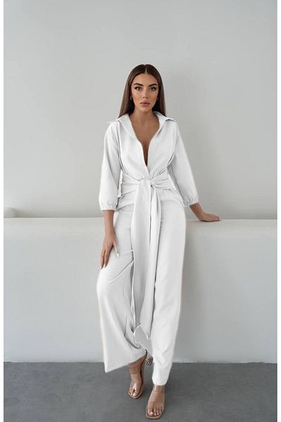 hipnoz butik Women's Shirt Collar Loose Leg Jumpsuit (Original Visual and Video Used)