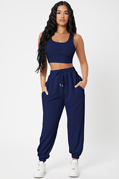 babatr.com Women's Navy Blue Camisole Pocketed Jogger Sweatpants and Crop Top Blouse