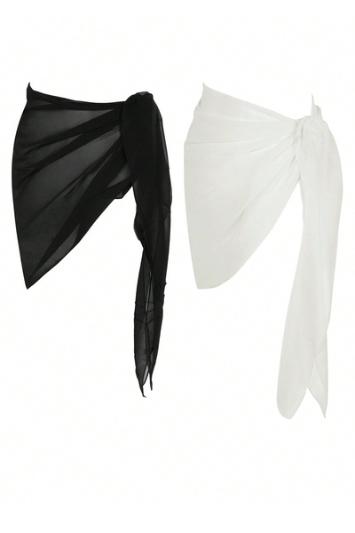 Generic Brand Women's Black and White Transparent Waist Tie Pareo 2-Piece