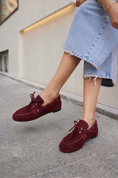 ANGELİNA JONES Yuri Women's Burgundy Suet Lace-Up Staple Detail Loafer Shoes