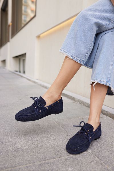 ANGELİNA JONES Yuri Women's Navy Blue Suet Loafer Shoes with Zimbali