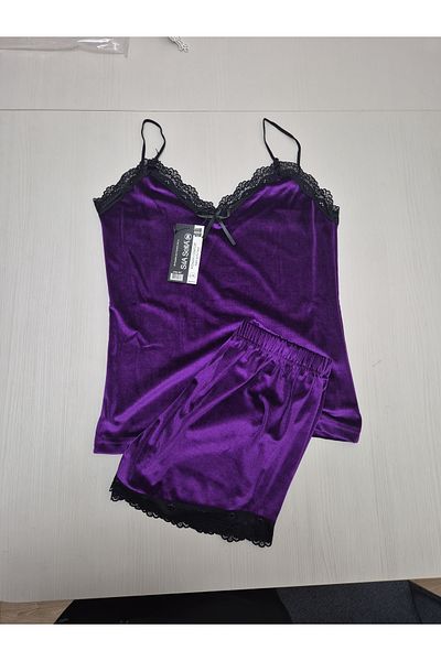 sıla sella Alec Lingerie Women's Velvet Bottom Top Suspender Short Shorts Pajamas Set