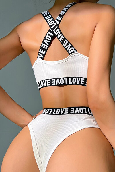 RUKOD Women's White Cross Back and Love Text Detailed Underwear Set