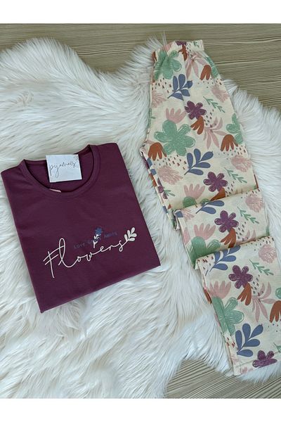 Pijamacs Set de pijamale tricotate cu mânecă lungă din bumbac cu imprimeu floral