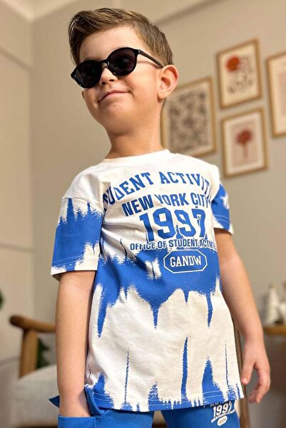 Riccotarz Set de tricou cu imprimeu cu litere și pantaloni scurți albaștri pentru băieți New York City