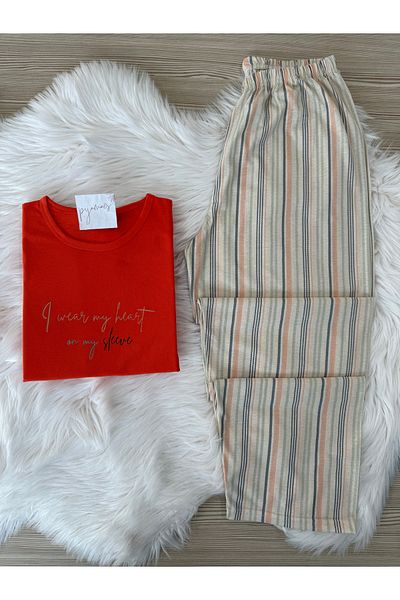 Pijamacs Plus Size Orange Striped Pattern Cotton Long Sleeve Knitted Pajamas Set