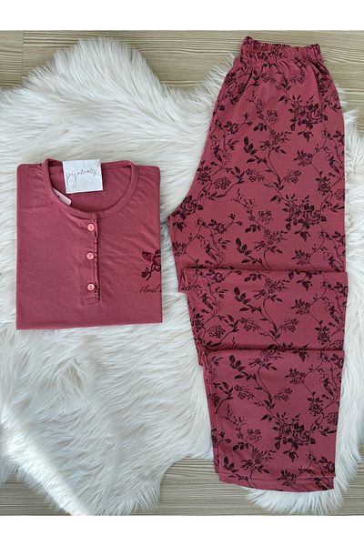 Pijamacs Large Size Dark Pink Floral Pattern Knitted Short Sleeve Pajamas Set