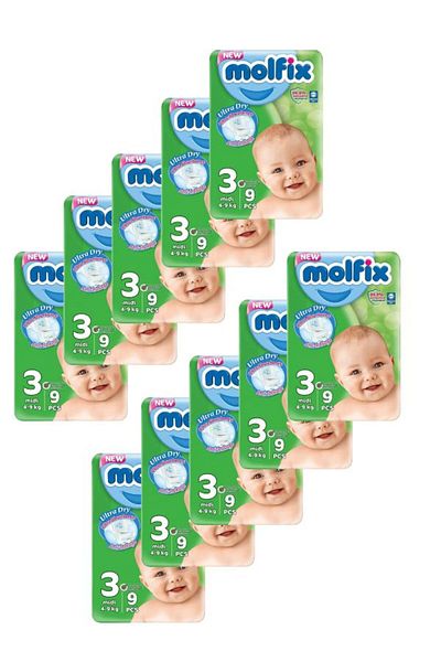 Molfix Perfect Fit Size (3) Midi 4-9Kg - 9 Pcs in package - 10 pack (total 90 diapers)
