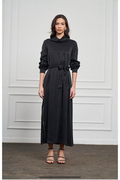 Nuss 2057 Belden Bağlama Vegan Cupra Kumaş Elbise