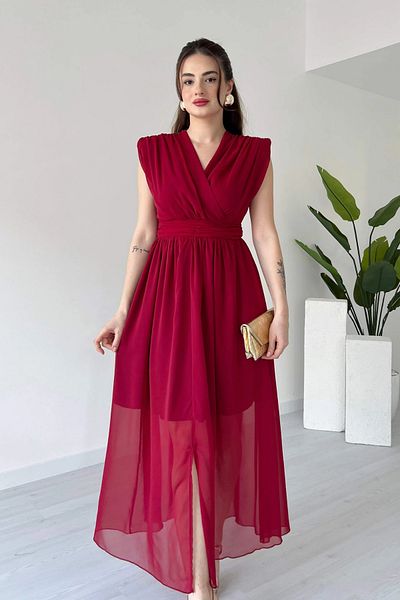 Aventien Rochie din șifon burgundă, cu guler dublu, cu detaliu din tul căptușit
